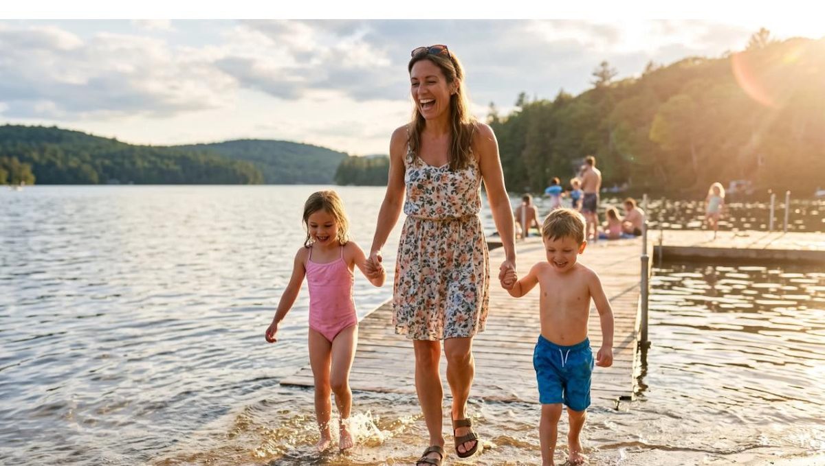 Mother walking hand in hand with her two kids at the edge of a lake at sunset