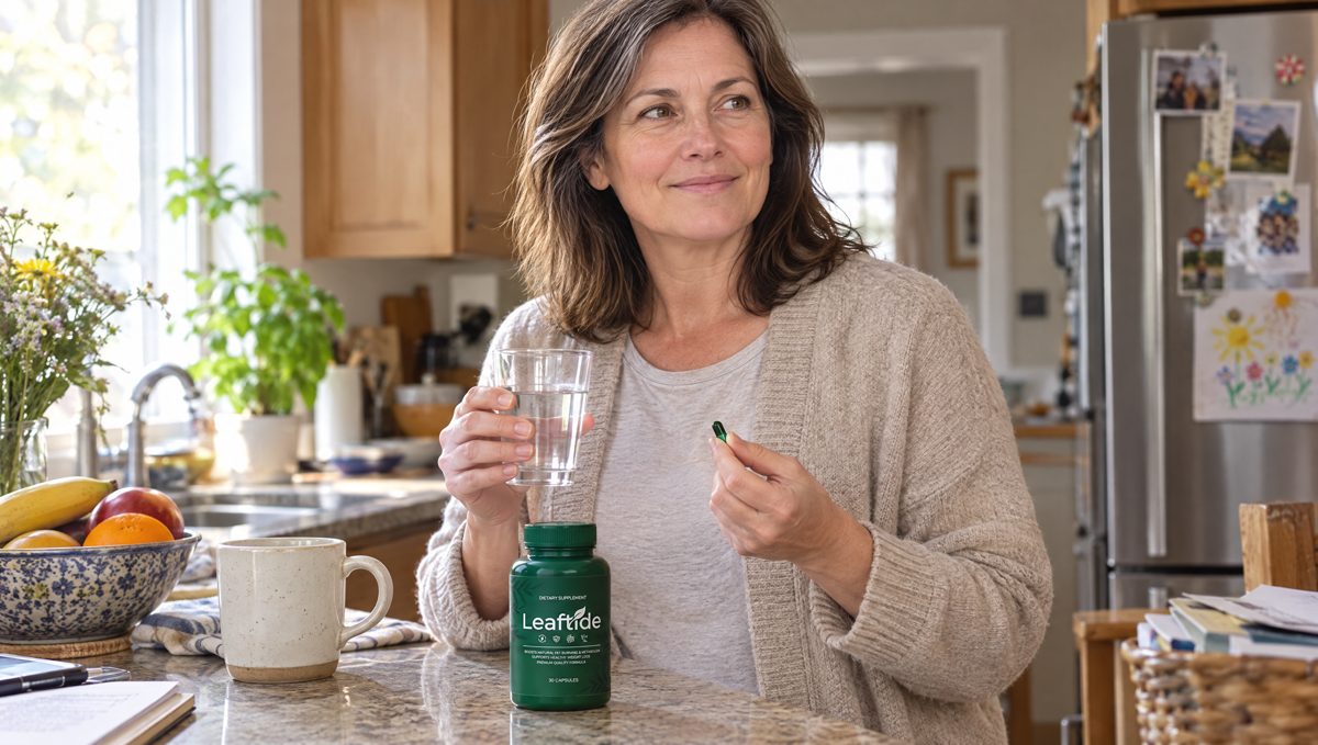 Woman in her fifties at her kitchen counter in the morning with a glass of water and a LeafTide capsule