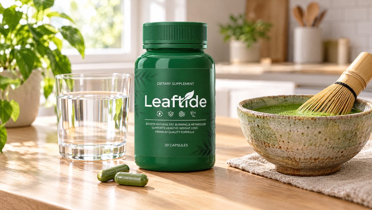 LeafTide bottle on a kitchen counter beside a glass of water, two capsules and a bowl of matcha